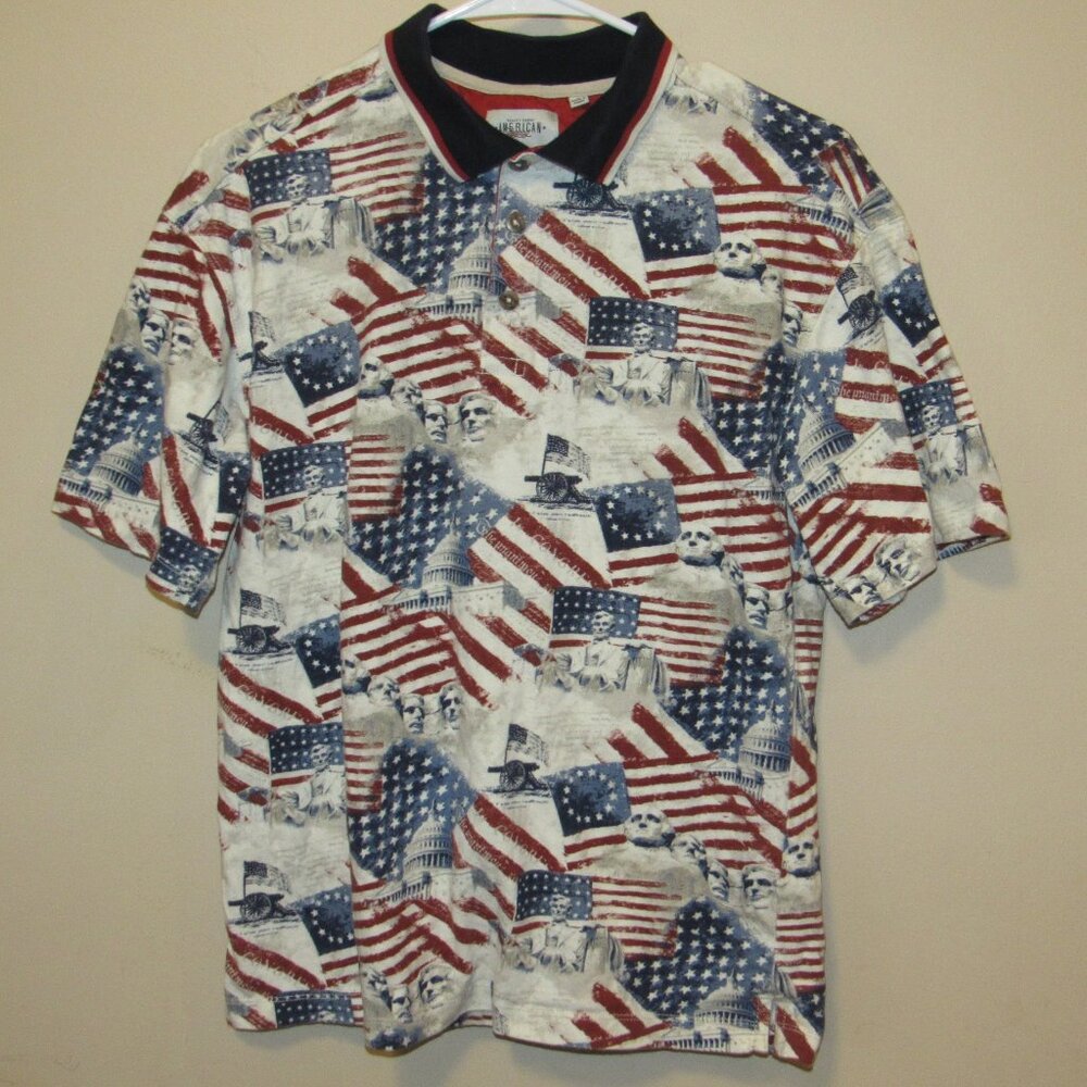 American Legacy Men's sz Small USA Flag Capital Mt Rushmore Patriotic Polo Shirt